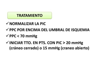 HIPERNATREMIAPor afectación del eje hipotálamo-hipofisario, dando lugar a una diabetes insípida.Se diagnostica por una concentración de sodio plasmática > 145 mEq/L, osmolaridad plasmática > 300 mOsm/L y volumen de orina > 200 mL/h.El primer paso en el tratamiento sería la reposición de fluidos.ADH de acción corta (6-8 horas de duración).