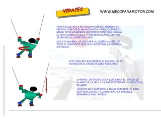 PARA FACILITAR LA ENTRADA EN VIRAJE, MOMENTOS  PREVIOS A BAJAR EL MANDO HACIA DONDE QUEREMOS GIRAR, DESPLAZAREMOS NUESTRO CUERPO PARA CARGAR EL PESO SOBRE LA SILLA, Y ASÍ DESPLAZAR EL CENTRO DE GRAVEDAD SOBRE ESE LADO.  DE ESTA MANERA, SE INICIARÁ UN LIGERO ALABEO DE TODO EL CONJUNTO QUE NOS FACILITARÁ LA ENTRADA EN VIRAJE. ACTO SEGUIDO BAJAREMOS EL MANDO HASTA CONSEGUIR EL RADIO DE GIRO ADECUADO,  LA MANO  INTERIOR, ES LA QUE MARCA EL  GRADO DE ALABEO DE LA VELA Y LA MANO EXTERIOR LA VELOCIDAD DE GIRO. CUANTO MÁS BAJEMOS LA MANO EXTERIOR, EL GIRO SERÁ MÁS LENTO, Y CUANTO MÁS  LA SUBAMOS,  GIRAREMOS MÁS  RÁPIDO. VIRAJES WWW.MECOPARAMOTOR.COM 