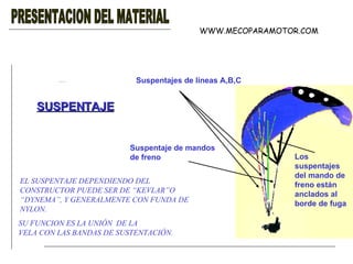 PRESENTACION DEL MATERIAL SUSPENTAJE WWW.MECOPARAMOTOR.COM EL SUSPENTAJE DEPENDIENDO DEL CONSTRUCTOR PUEDE SER DE “KEVLAR”O “ DYNEMA”, Y GENERALMENTE CON FUNDA DE NYLON. SU FUNCION ES LA UNIÓN  DE LA VELA CON LAS BANDAS DE SUSTENTACIÓN. Suspentajes de líneas A,B,C Suspentaje de mandos de freno Los suspentajes del mando de freno están anclados al borde de fuga 
