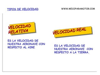 VELOCIDAD RELATIVA VELOCIDAD REAL ES LA VELOCIDAD DE NUESTRA AERONAVE CON RESPECTO AL AIRE .  ES LA VELOCIDAD DE NUESTRA AERONAVE  CON RESPECTO A LA TIERRA. TIPOS DE VELOCIDAD WWW.MECOPARAMOTOR.COM 