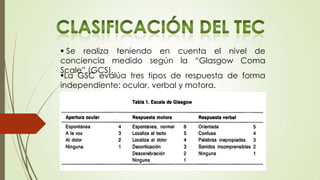  Se realiza teniendo en cuenta el nivel de
conciencia medido según la “Glasgow Coma
Scale” (GCS).
La GSC evalúa tres tipos de respuesta de forma
independiente: ocular, verbal y motora.
 