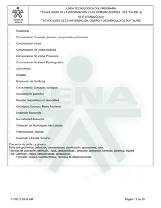 Modelo de
Mejora
LÍNEA TECNOLÓGICA DEL PROGRAMA
TECNOLOGÍAS DE LA INFORMACIÓN Y LAS COMUNICACIONES GESTIÓN DE LA
RED TECNOLÓGICA
TECNOLOGÍAS DE LA INFORMACIÓN, DISEÑO Y DESARROLLO DE SOFTWARE
· Resiliencia
· Comunicación: Concepto, proceso, componentes y funciones
· Comunicación Verbal
· Comunicación No Verbal Kinésica
· Comunicación No Verbal Proxémica
· Comunicación No Verbal Paralinguística
· Convivencia
· Empatía
· Resolución de Conflictos
· Conocimiento: Concepto, tipologías
· Conocimiento Científico
· Recurso renovables y no renovables
· Conceptos: Ecología, Medio Ambiente.
· Desarrollo Sostenible
· Normatividad Ambiental
· Utilización de Tecnologías más Limpias
· Problemáticas Urbanas
· Desarrollo a Escala Humana
Conceptos de público y privado
Ficha antropométrica: definición, características, clasificación, aplicaciones, tipos.
Técnicas de valoración: definición, tipos, características , selección, aplicación, formulas, baremos, índices
Test: Definición, clases, características, aplicaciones.
· Formatos: Clases, Características, Técnicas de diligenciamiento.
Página 11 de 2017/06/13 09:58 AM
 
