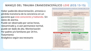 MANEJO DEL TRAUMA CRANEOENCEFÁLICO LEVE (ECG 13-15)
Haber padecido desorientación, amnesia o
pérdida transitoria de la conciencia en un
paciente que está consciente y hablando. Sin
datos de alarma.
Puede ser observado por varias horas,
reexaminado y, si aún permanece normal,
puede ser dado de alta. Monitorización
Por padres y/o familiares por 24 hrs.
Tratamiento:
Analgésico según sea necesario
 