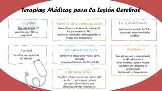 Terapias Médicas para la Lesión Cerebral
Manitol
Se utiliza para reducir la
PIC elevada.
Sol. Salina Hipertónica
También se utiliza para reducir la PIC
elevada,
en concentraciones de 3% a 23,4%
Barbitúricos
Son eficaces en la reducción de
la PIC refractaria a
otras medidas, a pesar de que
no deben ser utilizados en
presencia de
hipotensión o hipovolemia.
Líquidos
Intravenosos
Hipovolemia en
pacientes con TCE es
perjudicial.
Correción de la anticoagulación
Precaución en la evaluación manejo de
los pacientes con TCE
que están recibiendo anticoagulantes o
terapia anti-plaquetaria.
La Hiperventilación
Actúa reduciendo la PaCO2 y
causando vasoconstricción
cerebral.
Anticonvulsivos
Pueden inhibir la recuperación del
cerebro, por lo que deben
usarse sólo cuando sea
absolutamente necesario.
 