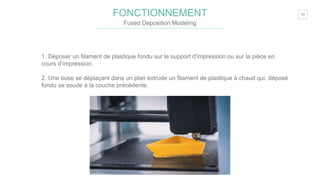 10FONCTIONNEMENT
Fused Deposition Modeling
1. Déposer un filament de plastique fondu sur le support d'impression ou sur la pièce en
cours d’impression.
2. Une buse se déplaçant dans un plan extrude un filament de plastique à chaud qui, déposé
fondu se soude à la couche précédente.
 