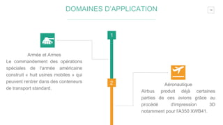 14
1
2
Armée et Armes
Le commandement des opérations
spéciales de l'armée américaine
construit « huit usines mobiles » qui
peuvent rentrer dans des conteneurs
de transport standard.
Aéronautique
Airbus produit déjà certaines
parties de ces avions grâce au
procédé d'impression 3D
notamment pour l'A350 XWB41.
DOMAINES D’APPLICATION
 