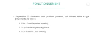 9FONCTIONNEMENT
‣ L’impression 3D fonctionne selon plusieurs procédés, qui diffèrent selon le type
d’imprimante 3D utilisée:
1. FDM - Fused Deposition Modeling.
2. SLA - StereoLithography Apparatus.
3. SLS - Selective Laser Sintering.
 