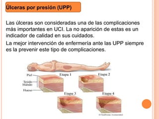Úlceras por presión (UPP)
Las úlceras son consideradas una de las complicaciones
más importantes en UCI. La no aparición de estas es un
indicador de calidad en sus cuidados.
La mejor intervención de enfermería ante las UPP siempre
es la prevenir este tipo de complicaciones.
 