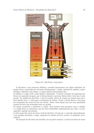 Curso T´cnico de Mecˆnica - Tecnologia dos Materiais I
       e            a                                                                          19




                              Figura 4.3: Alto-forno e suas partes.


    O alto-forno ´ uma estrutura cil´
                  e                    ındrica, revestida internamente por tijolos refrat´rios, de
                                                                                         a
grande altura, constitu´ por trˆs partes fundamentais: o fundo, chamado de cadinho, a parte
                        ıda       e
mediana, conhecida como rampa, e a parte superior denominada cuba.
O cadinho, ´ o lugar onde o gusa l´
             e                       ıquido ´ depositado. A esc´ria (conjunto de impurezas que
                                             e                     o
devem ser separadas do gusa), que se forma durante o processo, ﬂutua sobre o ferro que ´ mais
                                                                                           e
pesado. No cadinho h´ dois furos: o furo de corrida, aberto de tempos em tempos para que o
                       a
ferro l´
       ıquido escoe, e o furo para o escoamento da esc´ria. Como a esc´ria ﬂutua, o furo para
                                                          o                o
seu escoamento ﬁca acima do furo de corrida. Assim, sobra espa¸o para que uma quantidade
                                                                       c
razo´vel de ferro seja acumulada entre as corridas.
     a
Na rampa, acontecem a combust˜o e a fus˜o. Para facilitar esses processos, entre o cadinho
                                   a           a
e a rampa ﬁcam as ventaneiras, que s˜o furos distribu´
                                         a                  ıdos uniformemente por onde o ar pr´-
                                                                                                e
aquecido ´ soprado sob press˜o.
           e                  a
                                                             ´
A cuba ocupa dois ter¸os da altura total do alto-forno. E nela que ;e colocada, alternadamente
                       c
e em camadas sucessivas, a carga, compostos de min´rio de ferro, carv˜o e os fundentes (cal e
                                                        e                 a
calc´rio).
    a
    Na opera¸˜o do alto forno s˜o inseridos, em sua parte superior, o carv˜o (na forma de coque
              ca                a                                            a
 
