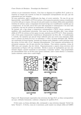 Curso T´cnico de Mecˆnica - Tecnologia dos Materiais I
       e            a                                                                           28

carbono ou por tratamentos t´rmicos. Com base no diagrama de equil´
                                 e                                         ıbrio Fe-C, pode-se in-
terpretar as rea¸˜es que ocorrem na faixa de composi¸˜es correspondentes aos a¸os, que s˜o
                  co                                       co                         c         a
respons´veis por tais varia¸˜es.
         a                   co
Na zona austen´   ıtica, ap´s a solidiﬁca¸˜o das ligas, s´ ocorre austenita. No caso de um a¸o
                           o              ca             o                                      c
hipoeutet´ide - entre 0,008% e 0,77% de carbono, o ferro gama da austenita come¸a a transformar-
           o                                                                      c
se em ferro alfa que se separa, visto que ele n˜o pode manter em solu¸˜o s´lida sen˜o quantidades
                                               a                     ca o           a
irris´rias de carbono; assim a composi¸˜o estrutural da liga vai se modiﬁcando ` medida que cai
     o                                  ca                                        a
a temperatura: de um lado, tem-se ferro puro alfa separando-se continuamente e do outro lado
a austenita, cujo teor de carbono vai aumentando, em dire¸˜o ao ponto S.
                                                              ca
No instante que a liga atinge a temperatura correspondente ` 727o C, tˆm-se, portanto, em
                                                                  a          e
equil´ıbrio, dois constituintes estruturais: ferro puro na forma alotr´pica alfa e uma solu¸˜o
                                                                       o                      ca
s´lida de 0,77% de carbono no ferro gama (ou seja, austenita com 0,77% de C). Nesse momento,
 o
todo o ferro gama remanescente transforma-se abruptamente em ferro alfa. A transforma¸˜o      ca
´, contudo, t˜o repentina que n˜o h´ tempo suﬁciente para que ocorra uma separa¸˜o n´
e              a                    a a                                                 ca ıtida
entre o carbono (na forma de F e3 C ou cementita) e o ferro, na forma alotr´pica alfa. Resulta
                                                                               o
um constituinte de forma lamelar, formado por lˆminas muito delgadas e muito pr´ximas umas
                                                   a                                  o
das outras, de ferro alfa e F e3 C, dispostas alternadamente. Com aumentos microsc´picos rel-
                                                                                        o
ativamente pequenos, n˜o d´ para perceber tais lˆminas. Com maiores aumentos, acima de
                           a a                        a
1000 vezes, por exemplo, elas s˜o vis´
                                   a     ıveis. Esquematicamente o aspecto dessa estrutura est´   a
representada na Figura 4.10 (a¸o eutet´ide). Devido ` nuance de madrep´rola que esse con-
                                   c       o              a                    e
stituinte adquire, quando examinado ao microsc´pio, ´ chamado ”perlita”. Suas propriedades
                                                    o    e
s˜o intermedi´rias entre as do ferro puro (pouco resistente, mole e muito d´ctil) e a cementita
 a             a                                                               u
(muito resistente, muito dura e muito fr´gil).
                                            a




Figura 4.10: Representa¸˜o esquem´tica das estruturas das ligas Fe-C, na faixa correspondente
                         ca         a
aos a¸os, resfriados lentamente, conforme o diagrama de equil´
     c                                                       ıbrio Fe-C.

    O ferro puro, na forma alotr´pica alfa, corresponde a uma estrutura chamada ”ferrita”(do
                                o
latim ”ferrum”). A ferrita, como j´ se mencionou, pode manter em solu¸˜o s´lida at´ 0,008%
                                  a                                     ca o       e
 