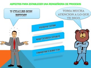 ASPECTOS PARA ESTABLECER UNA REINGEÑIERIA DE PROCESOS
 