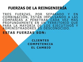 FUERZAS DE LA REINGENIERÍA
T R E S F UE R ZAS, P O R S E PA R ADO Y E N
CO MB I N AC I Ó N , E S T ÁN I MP UL SAN DO A LAS
CO MPA Ñ Í AS A P E N E T R AR CA DA VE Z MÁS
P R O FUNDAME N T E E N UN T E R R I TO R IO Q UE
PAR A LA MAYO R Í A D E LO S E JE CUT I VO S Y
ADMI N I S T R ADO R E S E S DE S CO N O CI DO .
ESTAS FUERZAS SON:
C L I E N T E S
C O M P E T E N C I A
E L C A M B I O
 