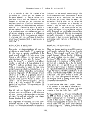 Danilo Guerra-Iglesias, et al. / Téc Pecu Méx 2009;47(2):145-155


ASREML utilizada no cuenta con la opción de los               procedure with the average information algorithm
polinomios de Legendre para los modelos de                    to find maximum restricted verisimilitude(12). Even
regresión aleatoria, de manera alternativa el                 though the ASREML version used does not have
programa permite que los coeficientes de los                  the Legendre polynomial option for RRMs, the
modelos de regresión para los polinomios de                   software alternatively allows for RM coefficients
Legendre puedan ser construidos manualmente,                  for Legendre polynomials to be constructed
usando el número de parto en este caso y ajustado             manually, using the parity in this case, adjusting
entre -1 y +1 e incluidos al archivo de datos; si             between -1 and +1, and included in the data file.
estos coeficientes se jerarquizan dentro del animal           If these coefficients are hierarchically arranged
y se consideran como efectos aleatorios junto con             within the animal, and considered as random effects
el efecto del animal, el programa en su salida arroja         together with the animal effect, the program at its
las estimaciones de los componentes de varianzas              exit yields the estimates of variance and covariance
y covarianzas entre estos coeficientes de regresión,          components of these regression coefficients, thus
conformando lo que en el texto se expresa como la             conforming what is expressed in the text as the KG
matriz KG(13).                                                matrix(13).


RESULTADOS Y DISCUSIÓN                                        RESULTS AND DISCUSSION
Las medias y desviaciones estándar, así como los              Means and standard deviations, as well OD variation
coeficientes de variación de los DA en cada uno de            coefficients for each of the 8 parities are shown in
los ocho partos se presentan en el Cuadro 1. La               Table 1. The estimated general mean (168.9 d)
media general estimada (168.9 días) es mayor de               exceeds the means published elsewhere for different
lo que ha sido publicado por otros autores para               beef breeds including both Bos indicus(14,15) and
diferentes razas de carne, tanto Bos índicus(14,15)           Bos taurus(9). The variation observed is similar to
como Bos taurus(9). La variación observada es                 that reported for Asturiana de los Valles cattle(9),
similar a la reportada en la raza Asturiana de los            and this can be partially due to the fact that in
Valles(9) y puede ser debida en parte, a que en               Cuba cows are not culled based on their
Cuba no se desechan las vacas con base en su                  reproductive performance, so that they remain in
comportamiento reproductivo, permaneciendo en la              the population indefinitely, this increasing the OD
población de manera indefinida e incrementando                range. Nevertheless, the OD value observed in our
con esto el rango de los DA. Sin embargo, el valor            study is lower than those reported for Sahiwal cattle
observado de los DA en el presente estudio es                 in Pakistan (174.5 d)(16), Nelore in Brazil (239
inferior a lo reportado en ganado Sahiwal en                  d)(17), and a Zebu cattle population in Cuba (218.9
Pakistán (174.5 días)(16), Nelore de Brasil (239              d) managed under a grazing system with no
días)(17) y en una población el ganado Cebú de                concentrate supplementation.
Cuba (218.9 días) manejado con sistemas de
producción en pastoreo sin suplementación de                  OD tended to decrease between parities 1 and 4;
concentrados.                                                 it was stabilized at 155 d between parities 4 and 7;
                                                              to then increase in parity 8. A similar trend was
Los DA tendieron a disminuir entre el primero y               observed in Asturiana de los Valles cattle(9).
el cuarto parto, se estabilizaron en 155 días entre
el cuarto y séptimo, y después se incrementaron en            Variance components and h2 values estimated using
el octavo. Una tendencia similar fue observada en             the UM are shown in Table 2. An increase in
la raza Asturiana de los Valles(9).                           additive variance ( ) was observed up to parity
                                                              7, and it then decreased slightly. Nevertheless,
Los componentes de varianza y los valores de h2               residual variance ( ) has no definite trend and it
estimados mediante el MU se presentan en el                   remains stable with only minor erratic changes
Cuadro 2. Se observa un incremento de la varianza             throughout all parities. Therefore, OD h2 tends to

                                                        150
 