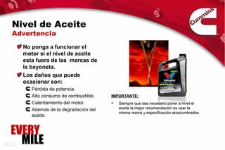 Nivel de Aceite
Advertencia
  No ponga a funcionar el
  motor si el nivel de aceite
  esta fuera de las marcas de
  la bayoneta.
  Los daños que puede
  ocasionar son:
     Pérdida de potencia.
     Alto consumo de combustible.   IMPORTANTE:
     Calentamiento del motor.       •   Siempre que sea necesario poner a nivel el
     Además de la degradación del       aceite la mejor recomendación es usar la
                                        misma marca y especificación acostumbrados.
     aceite.


EVERY
  MILE
 