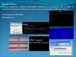 Virus de Fichero Infectan programas o ficheros ejecutables (ficheros con extensiones EXE y COM). Al ejecutarse el programa infectado, el virus se activa, produciendo diferentes efectos. COM Aplicación MS-DOS EXE Aplicación 