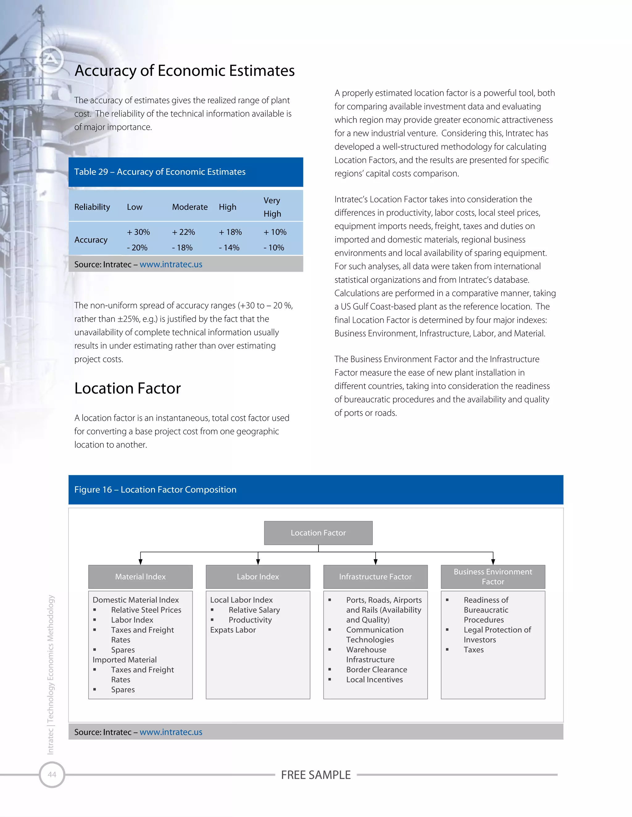 Accuracy of Economic Estimates
The accuracy of estimates gives the realized range of plant
cost. The reliability of the technical information available is
of major importance.

Table 29 – Accuracy of Economic Estimates

Reliability

Accuracy

Very

Low

Moderate

High

+ 30%

+ 22%

+ 18%

+ 10%

- 20%

- 18%

- 14%

- 10%

High

Source: Intratec – www.intratec.us

The non-uniform spread of accuracy ranges (+30 to – 20 %,
rather than ±25%, e.g.) is justified by the fact that the
unavailability of complete technical information usually
results in under estimating rather than over estimating
project costs.

Location Factor
A location factor is an instantaneous, total cost factor used
for converting a base project cost from one geographic
location to another.

A properly estimated location factor is a powerful tool, both
for comparing available investment data and evaluating
which region may provide greater economic attractiveness
for a new industrial venture. Considering this, Intratec has
developed a well-structured methodology for calculating
Location Factors, and the results are presented for specific
regions’ capital costs comparison.
Intratec’s Location Factor takes into consideration the
differences in productivity, labor costs, local steel prices,
equipment imports needs, freight, taxes and duties on
imported and domestic materials, regional business
environments and local availability of sparing equipment.
For such analyses, all data were taken from international
statistical organizations and from Intratec’s database.
Calculations are performed in a comparative manner, taking
a US Gulf Coast-based plant as the reference location. The
final Location Factor is determined by four major indexes:
Business Environment, Infrastructure, Labor, and Material.
The Business Environment Factor and the Infrastructure
Factor measure the ease of new plant installation in
different countries, taking into consideration the readiness
of bureaucratic procedures and the availability and quality
of ports or roads.

Figure 16 – Location Factor Composition

Location Factor

Intratec | Technology Economics Methodology

Material Index

44

Domestic Material Index
Relative Steel Prices
Labor Index
Taxes and Freight
Rates
Spares
Imported Material
Taxes and Freight
Rates
Spares

Labor Index
Local Labor Index
Relative Salary
Productivity
Expats Labor

Infrastructure Factor
Ports, Roads, Airports
and Rails (Availability
and Quality)
Communication
Technologies
Warehouse
Infrastructure
Border Clearance
Local Incentives

Source: Intratec – www.intratec.us

FREE SAMPLE

Business Environment
Factor
Readiness of
Bureaucratic
Procedures
Legal Protection of
Investors
Taxes

 