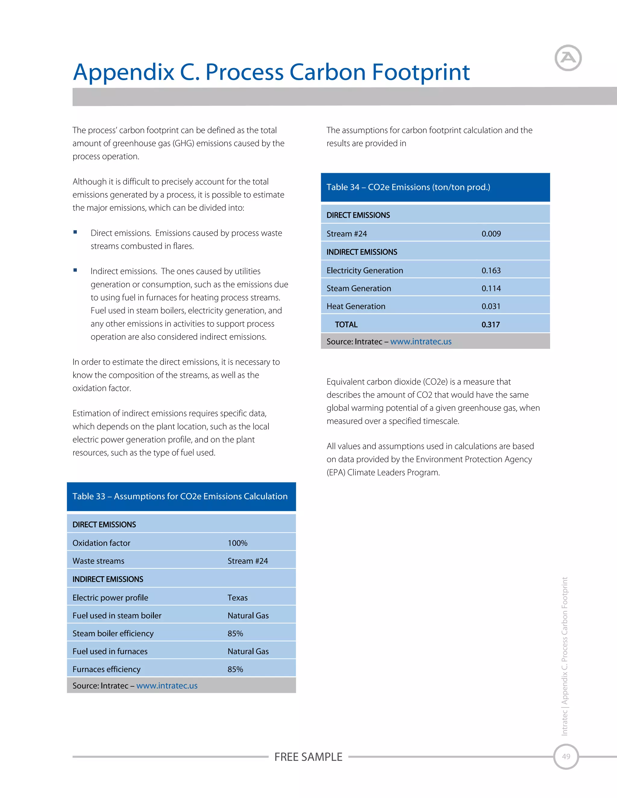 Appendix C. Process Carbon Footprint
The process’ carbon footprint can be defined as the total
amount of greenhouse gas (GHG) emissions caused by the
process operation.

The assumptions for carbon footprint calculation and the
results are provided in

Although it is difficult to precisely account for the total
emissions generated by a process, it is possible to estimate
the major emissions, which can be divided into:

Table 34 – CO2e Emissions (ton/ton prod.)

Direct emissions. Emissions caused by process waste
streams combusted in flares.

Stream #24

0.009

Indirect emissions. The ones caused by utilities
generation or consumption, such as the emissions due
to using fuel in furnaces for heating process streams.
Fuel used in steam boilers, electricity generation, and
any other emissions in activities to support process
operation are also considered indirect emissions.

Electricity Generation

0.163

Steam Generation

0.114

Heat Generation

0.031

In order to estimate the direct emissions, it is necessary to
know the composition of the streams, as well as the
oxidation factor.
Estimation of indirect emissions requires specific data,
which depends on the plant location, such as the local
electric power generation profile, and on the plant
resources, such as the type of fuel used.

Source: Intratec – www.intratec.us

Equivalent carbon dioxide (CO2e) is a measure that
describes the amount of CO2 that would have the same
global warming potential of a given greenhouse gas, when
measured over a specified timescale.
All values and assumptions used in calculations are based
on data provided by the Environment Protection Agency
(EPA) Climate Leaders Program.

Table 33 – Assumptions for CO2e Emissions Calculation

100%

Waste streams

Stream #24

Electric power profile

Texas

Fuel used in steam boiler

Natural Gas

Steam boiler efficiency

85%

Fuel used in furnaces

Natural Gas

Furnaces efficiency

85%

Intratec | Appendix C. Process Carbon Footprint

Oxidation factor

Source: Intratec – www.intratec.us

FREE SAMPLE

49

 