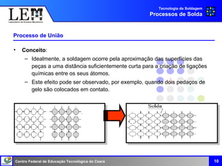 Centro Federal de Educação Tecnológica do Ceará
Processo de União
• Conceito:
– Idealmente, a soldagem ocorre pela aproximação das superfícies das
peças a uma distância suficientemente curta para a criação de ligações
químicas entre os seus átomos.
– Este efeito pode ser observado, por exemplo, quando dois pedaços de
gelo são colocados em contato.
10
Tecnologia da Soldagem
Processos de Solda
 