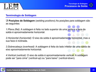 Centro Federal de Educação Tecnológica do Ceará
Terminologia de Soldagem
22
Tecnologia da Soldagem
Processos de Solda
 Posições de Soldagem (welding positions) As posições para soldagem são
as seguintes:
1.Plana (flat): A soldagem é feita no lado superior de uma junta e a face da
solda é aproximadamente horizontal.
2.Horizontal (horizontal): O eixo da solda é aproximadamente horizontal, mas a
sua face é inclinada.
3.Sobrecabeça (overhead): A soldagem é feita do lado inferior de uma solda de
eixo aproximadamente horizontal.
4.Vertical (vertical): O eixo da solda é aproximadamente vertical. A soldagem
pode ser “para cima” (vertical-up) ou “para baixo” (vertical-down).
 