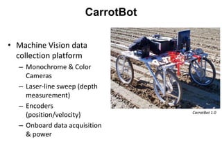 CarrotBot

• Machine Vision data
  collection platform
  – Monochrome & Color
    Cameras
  – Laser-line sweep (depth
    measurement)
  – Encoders
                                  CarrotBot 1.0
    (position/velocity)
  – Onboard data acquisition
    & power
 