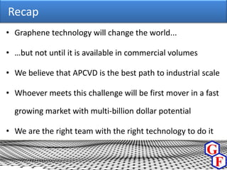 Recap
• Graphene technology will change the world...

• …but not until it is available in commercial volumes

• We believe that APCVD is the best path to industrial scale

• Whoever meets this challenge will be first mover in a fast

  growing market with multi-billion dollar potential

• We are the right team with the right technology to do it
 