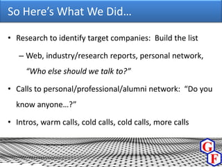 So Here’s What We Did…

• Research to identify target companies: Build the list

   – Web, industry/research reports, personal network,
     “Who else should we talk to?”

• Calls to personal/professional/alumni network: “Do you
  know anyone…?”

• Intros, warm calls, cold calls, cold calls, more calls
 