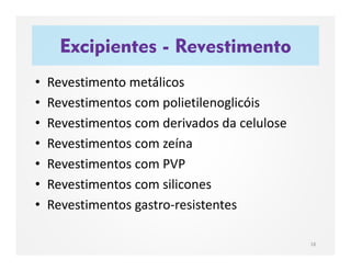 Excipientes - Revestimento
18
• Revestimento metálicos
• Revestimentos com polietilenoglicóis
• Revestimentos com derivados da celulose
• Revestimentos com zeína
• Revestimentos com PVP
• Revestimentos com silicones
• Revestimentos gastro-resistentes
 