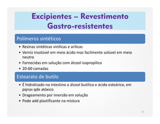 Excipientes – Revestimento
Gastro-resistentes
25
Polímeros sintéticos
• Resinas sintéticas vinílicas e arílicas
• Verniz insolúvel em meio ácido mas facilmente solúvel em meio
neutro
• Fornecidas em solução com álcool isopropílico
• 20-60 camadas
Estearato de butilo
• É hidrolisado no intestino a álcool butílico e ácido esteárico, em
pqnas qde atóxico
• Drageamento por imersão em solução
• Pode add plastificante na mistura
 