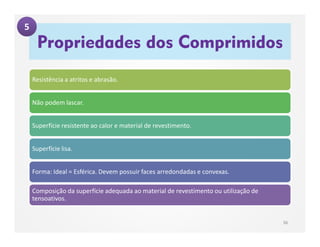 Resistência a atritos e abrasão.
Não podem lascar.
Superfície resistente ao calor e material de revestimento.
Superfície lisa.
Forma: Ideal = Esférica. Devem possuir faces arredondadas e convexas.
Composição da superfície adequada ao material de revestimento ou utilização de
tensoativos.
Propriedades dos Comprimidos
36
5
 