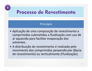 Processo de Revestimento
37
5
Princípio
• Aplicação de uma composição de revestimento a
comprimidos submetidos a fluidização com uso de
ar aquecido para facilitar evaporação dos
solventes.
• A distribuição do revestimento é realizada pelo
movimento dos comprimidos perpendicular (Bacia
de revestimento) ou verticalmente (Fluidização).
 