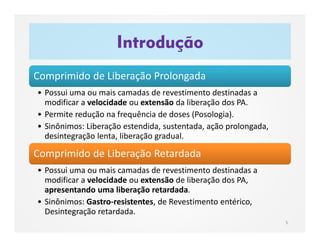 Introdução
5
Comprimido de Liberação ProlongadaComprimido de Liberação Prolongada
• Possui uma ou mais camadas de revestimento destinadas a
modificar a velocidade ou extensão da liberação dos PA.
• Permite redução na frequência de doses (Posologia).
• Sinônimos: Liberação estendida, sustentada, ação prolongada,
desintegração lenta, liberação gradual.
Comprimido de Liberação RetardadaComprimido de Liberação Retardada
• Possui uma ou mais camadas de revestimento destinadas a
modificar a velocidade ou extensão de liberação dos PA,
apresentando uma liberação retardada.
• Sinônimos: Gastro-resistentes, de Revestimento entérico,
Desintegração retardada.
 