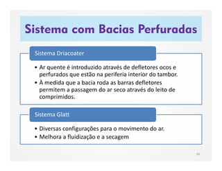 Sistema com Bacias Perfuradas
50
• Ar quente é introduzido através de defletores ocos e
perfurados que estão na periferia interior do tambor.
• À medida que a bacia roda as barras defletores
permitem a passagem do ar seco através do leito de
comprimidos.
Sistema Driacoater
• Diversas configurações para o movimento do ar.
• Melhora a fluidização e a secagem
Sistema Glatt
 