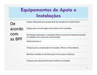Equipamentos de Apoio e
Instalações
60
De
acordo
com
as BPF
Espaço adequado para preparação de solução de revestimento.
Espaço para armazenagem do produto semi-acabado.
Ventilação adequada e instalação elétrica à prova de explosão quando
se trabalha com solventes concentrados.
Tratamento do ar.
Tanques para a preparação de soluções, filtros e misturadores.
Moinhos coloidal ou de bolas para triturar pós insolúveis.
Tanques com aquecimento para manter as soluções
 