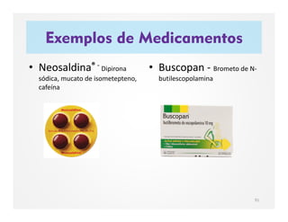 Exemplos de Medicamentos
91
• Neosaldina® - Dipirona
sódica, mucato de isometepteno,
cafeína
• Buscopan - Brometo de N-
butilescopolamina
 