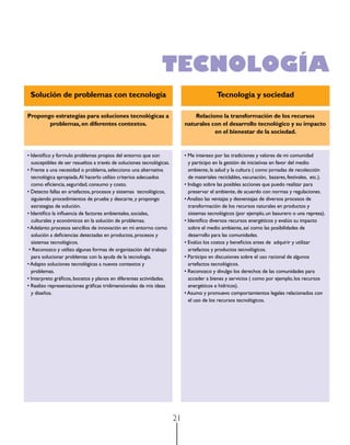 TECNOLOGÍA
 Solución de problemas con tecnología                                                      Tecnología y sociedad

Propongo estrategias para soluciones tecnológicas a                             Relaciono la transformación de los recursos
       problemas, en diferentes contextos.                                  naturales con el desarrollo tecnológico y su impacto
                                                                                       en el bienestar de la sociedad.


•	Identifico	y	formulo	problemas	propios	del	entorno	que	son	               •	Me	intereso	por	las	tradiciones	y	valores	de	mi	comunidad	
  susceptibles de ser resueltos a través de soluciones tecnológicas.          y participo en la gestión de iniciativas en favor del medio
•	Frente	a	una	necesidad	o	problema,	selecciono	una	alternativa	              ambiente, la salud y la cultura ( como jornadas de recolección
  tecnológica apropiada. al hacerlo utilizo criterios adecuados               de materiales reciclables, vacunación, bazares, festivales, etc.).
  como eficiencia, seguridad, consumo y costo.                              •	Indago	sobre	las	posibles	acciones	que	puedo	realizar	para	
•	Detecto	fallas	en	artefactos,	procesos	y	sistemas		tecnológicos,	           preservar el ambiente, de acuerdo con normas y regulaciones.
  siguiendo procedimientos de prueba y descarte, y propongo                 •	Analizo	las	ventajas	y	desventajas	de	diversos	procesos	de	
  estrategias de solución.                                                    transformación de los recursos naturales en productos y
•	Identifico	la	influencia	de	factores	ambientales,	sociales,	                sistemas tecnológicos (por ejemplo, un basurero o una represa).
  culturales y económicos en la solución de problemas.                      •	Identifico	diversos	recursos	energéticos	y	evalúo	su	impacto	
•	Adelanto	procesos	sencillos	de	innovación	en	mi	entorno	como	               sobre el medio ambiente, así como las posibilidades de
  solución a deficiencias detectadas en productos, procesos y                 desarrollo para las comunidades.
  sistemas tecnológicos.                                                    •	Evalúo	los	costos	y	beneficios	antes	de		adquirir	y	utilizar	
	•	Reconozco	y	utilizo	algunas	formas	de	organización	del	trabajo	            artefactos y productos tecnológicos.
  para solucionar problemas con la ayuda de la tecnología.                  •	Participo	en	discusiones	sobre	el	uso	racional	de	algunos	
•	Adapto	soluciones	tecnológicas	a	nuevos	contextos	y		                       artefactos tecnológicos.
  problemas.                                                                •	Reconozco	y	divulgo	los	derechos	de	las	comunidades	para	
•	Interpreto	gráficos,	bocetos	y	planos	en	diferentes	actividades.	           acceder a bienes y servicios ( como por ejemplo, los recursos
•	Realizo	representaciones	gráficas	tridimensionales	de	mis	ideas	            energéticos e hídricos).
  y diseños.                                                                •	Asumo	y	promuevo	comportamientos	legales	relacionados	con	
                                                                              el uso de los recursos tecnológicos.




                                                                       21
 
