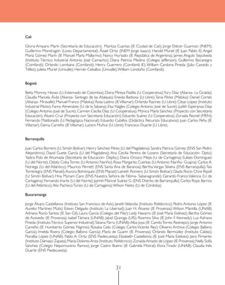 Cali

Gloria Amparo Marín (Secretaría de Educación); Maritza Cuartas (IE Ciudad de Cali); Jorge Eliécer Guarnizo (INEM);
Guillermo Mondragón (Liceo Departamental); Ázael Ortiz (INEM Jorge Isaacs); Harold Muriel (IE Juan Pablo II); Angel
María Gómez Marín (IE Manuel María Mallarino); Nancy Hurtado (IE República de Argentina); James Angulo Sepúlveda
(Instituto Técnico Industrial Antonio José Camacho); Diana Patricia Medina (Colegio Jefferson); Guillermo Bocanegra
(Comfandi); Orlando Lombana (Comfandi); Henry Guerrero (Comfandi IE); William Cardona Pineda (Julio Caicedo y
Téllez); Julieta Muriel (Univalle); Hernán Ceballos (Univalle); William Londoño (Comfandi).


Bogotá

Betty Monroy Henao (U. Externado de Colombia); Diana Mireya Padilla (U. Cooperativa);Yury Díaz (Alianza- La Giralda);
Claudia Marcela Ávila (Alianza- Santiago de las Atalayas); Eneida Barbosa (U. Libre); Tania Pérez (Maloka); Daniel Cortés
(Alianza- Miravalle); Manuel Franco (Maloka); Rosa Ladino (IE Villamar); Orlando Racines (U. Libre); César López (Instituto
Industrial Piloto); Fanny Almenárez (U. de la Sabana); Elsa Nágles (Colegio Antonio José de Sucre); Judith Esperanza Díaz
(Colegio Antonio José de Sucre); Carmen Cecilia Díaz (U. Cooperativa); Mónica María Sánchez (Proyecto con Secretaría
Educación); Álvaro Cruz (Proyecto con Secretaría Educación); Eduardo Suárez (U. Cooperativa); Zoraida Reynel (MEN);
Fernando Maldonado (U. Pedagógica Nacional); Eduardo Cubillos (Didáctica Recursos Educativos); Juan Carlos Peña (IE
Villamar); Gema Carreño (IE Villamar); Lucero Muñoz (U. Libre); Francisco Duarte (U. Libre).


Barranquilla

Juan Carlos Borrero (U. Simón Bolívar); Henry Sánchez Pérez (U. del Magdalena); Sandra Patricia Gómez (ENS San Pedro
Alejandrino); David Guete García (U. del Magdalena); Ana Cecilia Pereira de Lozano (Secretaría de Educación- Dpto);
Yadira Polo de Ahumada (Secretaría de Educación- Depto.); Diana Orozco Mejía (U. de Cartagena); Eulises Domínguez
(U. del Norte); Osbey Coba Torres (U. Antonio Nariño); Rosa Margarita Cuentas (U. Antonio Nariño- Guajira); Carlos A.
Noriega (U. del Atlántico); Mauricio Pernett (ENS Santa Ana de Baranoa); Bertha Vargas Silvera (ENS Barranquilla); Tais
Torrenegra (ENS Manatí); Aurora Bohórquez (ENS Manatí) Laineth Romero (U. Simón Bolívar); Gladis Rocío Chire Ripoll
(U. Simón Bolívar); Hna. Myriam Caro (ENS Nuestra Señora de Fátima- Sabanagrande); Gerardo Franco Valencia (U. de
Cartagena); Fernando Iriarte (U. del Norte); Jazmín Maricel Suárez G. (ENS Distrito de Barranquilla); Carlos Rojas Barrios
(U. del Atlántico); Alix Pacheco Turizo (U. de Cartagena); Wilson Nieto (U. de Córdoba).

Bucaramanga

Jorge Álvaro Castellanos (Instituto San Francisco de Asís); Janeth Velandia (Instituto Politécnico); Pedro Antonio López (IE
Aurelio Martínez Mutis) Edwin Delgado (Instituto La Libertad); Juan H. Álvarez (IE Provenza); Wilson Mantilla (UNAB)
Adriana Rocío Santos (IE San Gil); Laura García (Colegio del Pilar); Ledy Navarro (IE José María Estévez); Bertha Gómez
de Acevedo (IE Provenza); Isabel Támara (UNAB); Jabid Quiroga (UIS); Rosmira Silva (IE John F. Kennedy); Luz Adriana
Pineda (Instituto Técnico Superior Industrial);Tatiana Parra (UNAB); Alba Joya (IE Camilo Torres Restrepo); Jorge Antonio
Carreño (IE Humberto Gómez Nigrinis); Rosaba Celis (Colegio Carlos Vicente Rey); Oliverio Archiva (Colegio Balbino
García); Imelda Rivera (Colegio Balbino García); María de Guarín (IE Provenza); Orlando Bermúdez (Instituto Caldas);
Floralba López (UNAB); Pablo A. Ortiz (ENS Piedecuesta); Elizabeth Castellanos (IE José María Estévez); Jairo Pimiento
(Instituto Dámaso Zapata); María Dolores Ariza (Instituto Politécnico); Zoraida Amado de López (IE Provenza); Nelly Sofía
Sánchez (Colegio Nepomuceno Ramos); Jorge Castro Bueno (IE Gabriela Mistral); Elvira Tirado (UNAB); Claudia Inés
Duarte (ENS Piedecuesta).



                                                            31
 