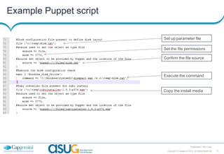 Example Puppet script
Set up parameter file
Set the file permissions
Confirm the file source

Execute the command

Copy the install media

Presentation Title | Date
Copyright © Capgemini 2013. All Rights Reserved

17

 
