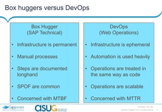 Box huggers versus DevOps
Box Hugger
(SAP Technical)

DevOps
(Web Operations)

• Infrastructure is permanent

• Infrastructure is ephemeral

• Manual processes

• Automation is used heavily

• Steps are documented
longhand

• Operations are treated in
the same way as code

• SPOF are common

• Operations are scalable

• Concerned with MTBF

• Concerned with MTTR
Presentation Title | Date
Copyright © Capgemini 2013. All Rights Reserved

8

 