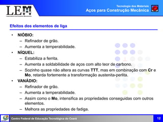 Centro Federal de Educação Tecnológica do Ceará
Efeitos dos elementos de liga
• NIÓBIO:
– Refinador de grão.
– Aumenta a temperabilidade.
• NÍQUEL:
– Estabiliza a ferrita.
– Aumenta a soldabilidade de aços com alto teor de carbono.
– Sozinho quase não altera as curvas TTT, mas em combinação com Cr e
Mo, retarda fortemente a transformação austenita-perlita.
• VANÁDIO:
– Refinador de grão.
– Aumenta a temperabilidade.
– Assim como o Mo, intensifica as propriedades conseguidas com outros
elementos.
– Melhora as propriedades de fadiga.
12
Tecnologia dos Materiais
Aços para Construção Mecânica
 