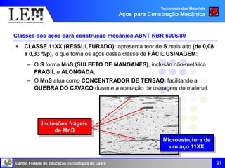 Centro Federal de Educação Tecnológica do Ceará 21
• CLASSE 11XX (RESSULFURADO): apresenta teor de S mais alto (de 0,08
a 0,33 %p), o que torna os aços dessa classe de FÁCIL USINAGEM:
– O S forma MnS (SULFETO DE MANGANÊS), inclusão não-metálica
FRÁGIL e ALONGADA.
– O MnS atua como CONCENTRADOR DE TENSÃO, facilitando a
QUEBRA DO CAVACO durante a operação de usinagem do material.
Classes dos aços para construção mecânica ABNT NBR 6006/80
Microestrutura de
um aço 11XX
Inclusões frágeis
de MnS
Tecnologia dos Materiais
Aços para Construção Mecânica
 