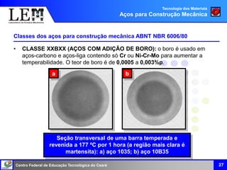 Centro Federal de Educação Tecnológica do Ceará
Classes dos aços para construção mecânica ABNT NBR 6006/80
• CLASSE XXBXX (AÇOS COM ADIÇÃO DE BORO): o boro é usado em
aços-carbono e aços-liga contendo só Cr ou Ni-Cr-Mo para aumentar a
temperabilidade. O teor de boro é de 0,0005 a 0,003%p.
27
Tecnologia dos Materiais
Aços para Construção Mecânica
Seção transversal de uma barra temperada e
revenida a 177 ºC por 1 hora (a região mais clara é
martensita): a) aço 1035; b) aço 10B35
a b
 