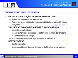 Centro Federal de Educação Tecnológica do Ceará
EFEITOS DOS ELEMENTOS DE LIGA
• OBJETIVOS DA ADIÇÃO DE ELEMENTOS DE LIGA:
– Alterar as propriedades mecânicas.
– Aumentar a usinabilidade, a temperabilidade e a resistência ao
desgaste.
• VANTAGENS DO AÇO-LIGA SOBRE O AÇO-CARBONO:
– Maior temperabilidade.
– Menor distorção e trincas após tratamento térmico de têmpera.
– Maior resistência à fadiga.
– Maior ductilidade com maior resistência mecânica.
• DESVANTAGENS:
– Custo mais alto.
– Maiores cuidados durante o tratamento térmico, entre outras.
09
Tecnologia dos Materiais
Aços para Construção Mecânica
 