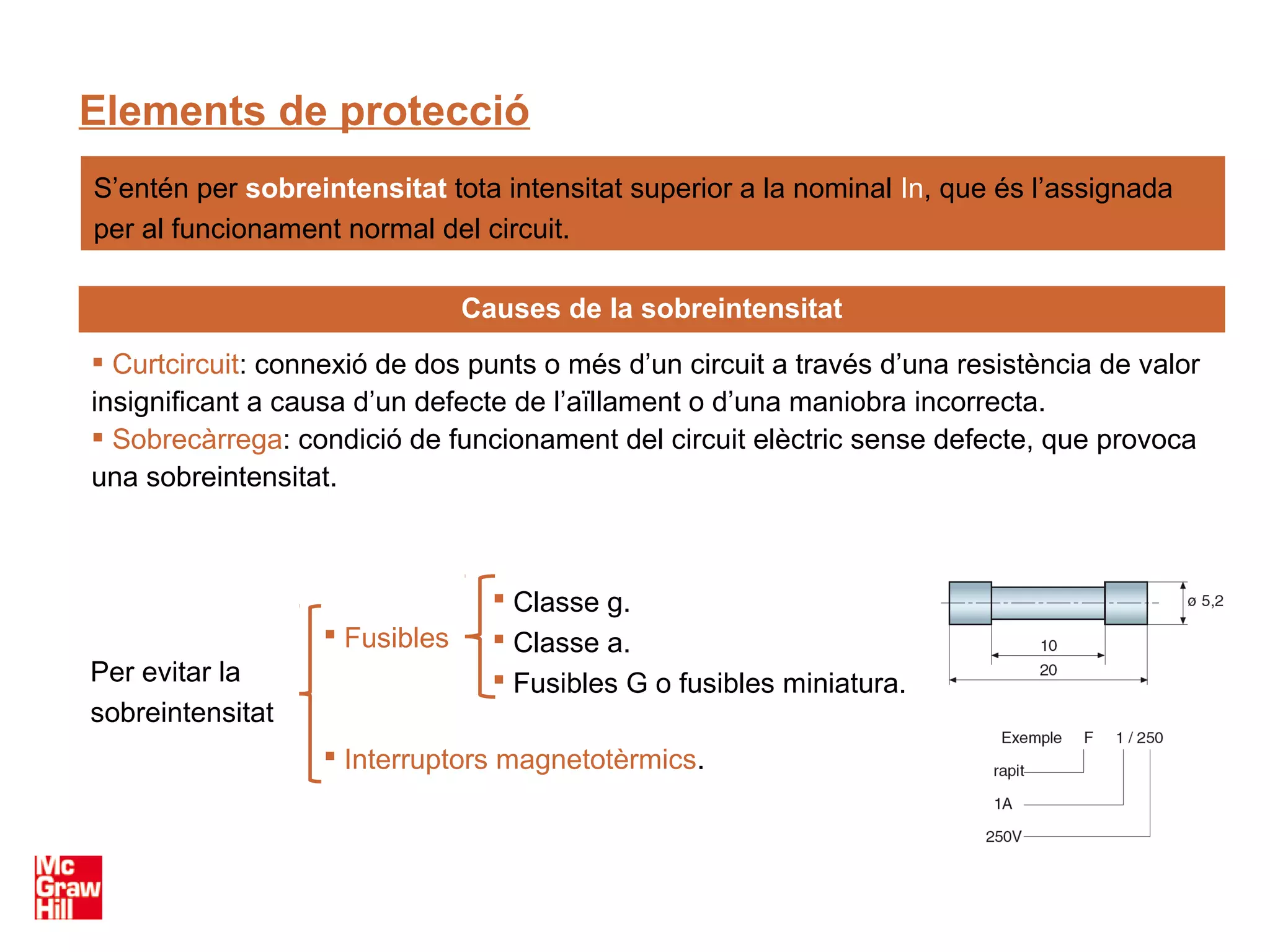 Elements de protecció
S’entén per sobreintensitat tota intensitat superior a la nominal In, que és l’assignada
per al funcionament normal del circuit.

                                Causes de la sobreintensitat
 Curtcircuit: connexió de dos punts o més d’un circuit a través d’una resistència de valor
insignificant a causa d’un defecte de l’aïllament o d’una maniobra incorrecta.
 Sobrecàrrega: condició de funcionament del circuit elèctric sense defecte, que provoca
una sobreintensitat.



                                   Classe g.
                    Fusibles      Classe a.
Per evitar la                      Fusibles G o fusibles miniatura.
sobreintensitat
                    Interruptors magnetotèrmics.
 