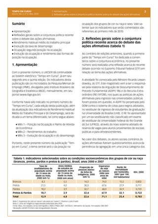 TEMPO EM CURSO                               1. Apresentação                                                                                    2
Ano II; Vol. 2, nº 3, Mar, 2010              2. Reflexões gerais sobre a conjuntura política recente acerca do debate das ações afirmativas



Sumário                                                                         ocupação dos grupos de cor ou raça e sexo. Vale sa-
                                                                                lientar que os indicadores que serão comentados são
l Apresentação                                                                  referentes ao primeiro mês de 2010.
l Reflexões gerais sobre a conjuntura política recente
sobre o debate das ações afirmativas                                            2. Reflexões gerais sobre a conjuntura
l Rendimento habitual médio do trabalho principal                               política recente acerca do debate das
l Evolução da taxa de desemprego                                                ações afirmativas (tabela 1)
l Ocupação segundo posição na ocupação

l Evolução da ocupação e rendimento das formas de                               Ao contrário de edições anteriores, quando a primeira
posição na ocupação                                                             parte do “Tempo em Curso” foi dedicada a comen-
                                                                                tários sobre a conjuntura econômica, no presente
1. Apresentação                                                                 número será realizada uma reflexão acerca do recente
                                                                                debate ocorrido no Supremo Tribunal Federal (STF) em
Com o presente número, o LAESER dá continuidade                                 relação ao tema das ações afirmativas.
ao boletim eletrônico “Tempo em Curso”, já em seu
segundo ano e quinta edição. Os indicadores desta                               A atividade foi convocada pelo Ministro Ricardo Lewan-
publicação são os microdados da Pesquisa Mensal de                              dowsky, do STF. Este magistrado vem a ser o responsá-
Emprego (PME), divulgados pelo Instituto Brasileiro de                          vel pela relatoria da Arguição de Descumprimento de
Geografia e Estatística (IBGE), mensalmente, em seu                             Preceito Fundamental (ADPF) 186 e do Recurso Extra-
portal (www.ibge.gov.br).                                                       ordinário (RE) 597285, nos quais as políticas de ações
                                                                                afirmativas para ingresso nas Universidades públicas
Conforme havia sido indicado no primeiro número do                              foram postas em questão. A ADPF foi perpetrada pelo
“Tempo em Curso”, cada edição desta publicação, além                            DEM contra o sistema de cotas para negros adotados
da atualização dos indicadores de Rendimento Habitual                           no vestibular de ingresso de estudantes de graduação
Médio do Trabalho Principal e do Desemprego, será de-                           na Universidade de Brasília (UnB). O RE foi apresentado
dicada a um tema diferenciado, tal como segue abaixo:                           por um ex-vestibulando não classificado em exame
                                                                                de vestibular da Universidade Federal do Rio Grande
     l Mês 1 – Posição na Ocupação e Ramo de Ativida-                           do Sul (UFRGS), através do novo sistema adotado de
     de Econômica                                                               reserva de vagas para alunos provenientes de escolas
     l Mês 2 – Rendimentos do trabalho                                          públicas e para afrodescendentes.
     l Mês 3 – Evolução da ocupação e do desemprego

                                                                                No calor dos debates, os atores sociais contrários às
Portanto, neste presente número da publicação “Tem-                             ações afirmativas fizeram questionamentos acerca da
po em Curso”, o tema central será o da posição na                               pertinência da agregação em uma única categoria dos



    Tabela 1. Indicadores selecionados sobre as condições socioeconômicas dos grupos de cor ou raça
    (brancos, pretos, pardos e pretos & pardos), Brasil, anos 2000 e 2007
                               Taxa de              Anos médios                                    Esperança
                                                                             Proporção de                            Razão de
                          analfabetismo da          de estudos da                                   de vida
                                                                            pessoas abaixo                         mortalidade
                          população acima         população acima                                  ao nascer,
                                                                              da linha de                         por homicídio,    IDH, 2000
                           de 15 anos de            de 15 anos de                                  2000 (em
                                                                           indigência, 2000                       2007 (por 100
                           idade ou mais,          idade ou mais,                                   anos de
                                                                                (em %)                            mil habitantes)
                            2000 (em %)            2000 (em anos)                                    vida)
Brancos                           8,3                     5,5                     14,3                 74,0            15,5           0,832
Pretos                            21,5                    4,0                     30,3                 67,6            27,9           0,717
Pardos                            18,2                    3,9                     32,7                 68,0            32,9           0,723
Pretos & Pardos                   18,7                    3,9                     32,4                67,9             32,1           0,722
Total                             12,9                    4,8                     22,6                71,1             25,4           0,783
Nota 1: Esperança de vida ao nascer calculada por Juarez C Oliveira e Leila Ervatti
Nota 2: Linha de indigência regionalizada elaborada pelo IPEA
Fonte: IBGE, microdados Censo Demográfico 2000 e PNAD 2007; DATASUS / Ministério da Saúde, microdados SIM 2007.
Tabulação LAESER (Fichário das Desigualdades Raciais)
 