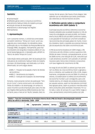 TEMPO EM CURSO                              1. Apresentação                                                                           2
Ano II; Vol. 2, nº 4, Abr, 2010             2. Reflexões gerais sobre a conjuntura econômica em 2009



Sumário                                                                    rizonte, Rio de Janeiro, São Paulo e Porto Alegre). Vale
                                                                           salientar que os indicadores que serão comentados
l Apresentação                                                             são referentes ao mês de fevereiro de 2010.
l Reflexões gerais sobre a conjuntura econômica
l Rendimento habitual médio do trabalho principal                          2. Reflexões gerais sobre a conjuntura
l Evolução da taxa de desemprego                                           econômica em 2009 (tabela 1)
l Rendimento e desemprego nas Regiões

Metropolitanas                                                             O principal assunto econômico referente à economia
                                                                           brasileira debatido pela sociedade brasileira no mês de
1. Apresentação                                                            março foi a divulgação, por parte do IBGE, do Produto
                                                                           Interno Bruto (PIB) do ano de 2009. Conforme é sabido,
Com o presente número, o LAESER dá continuidade                            o ano passado foi marcado por uma forte turbulência
ao boletim eletrônico “Tempo em Curso”, já em seu                          nas economias dos principais países do mundo, incluin-
segundo ano e sexta edição. Os indicadores desta                           do a brasileira. Assim, a questão era a precisa mensura-
publicação são os microdados da Pesquisa Mensal de                         ção da sequela da crise sobre a economia do país.
Emprego (PME), divulgados, mensalmente, pelo Insti-
tuto Brasileiro de Geografia e Estatística (IBGE) em seu                   O PIB da economia brasileira em 2009 chegou a R$
portal (www.ibge.gov.br), e tabulados pelo LAESER no                       3,143 (cerca de três trilhões e cento e quarenta e três
“Banco de dados Tempo em Curso”.                                           bilhões de reais). Contudo, comparativamente, ao ano
                                                                           de 2008 ocorreu uma redução de 0,2%, indicando que
Cada edição desta publicação, além da atualização dos                      o país atravessou durante o ano passado um período
indicadores de rendimento habitual médio do trabalho                       recessivo (pelo menos dois trimestres consecutivos
principal e do desemprego, será dedicada a um tema                         com taxa negativa de crescimento do PIB).
diferenciado, tal como segue abaixo:
                                                                           Ao longo do ano de 2009, os setores que mais senti-
    l Mês 1 – Posição na Ocupação e Ramo de Ativida-                       ram os efeitos da crise econômica foram o agropecu-
    de Econômica                                                           ário e a indústria, com quedas de 5,2% e 5,5%, respec-
    l Mês 2 – Rendimentos do trabalho                                      tivamente, comparadas ao ano de 2008. Em ambos os
    l Mês 3 – Evolução da ocupação e do desemprego                         setores, se evidenciaram os efeitos do encolhimento
                                                                           da economia mundial e, por conseguinte, para a de-
Portanto, neste presente número da publicação “Tem-                        manda externa, em relação aos produtos produzidos
po em Curso”, o tema central será o do rendimento                          por aqueles setores, sejam as mercadorias (commodi-
médio do trabalho e do desemprego, em ambos os                             ties) agropecuárias, sejam os produtos manufaturados
casos incluindo sua decomposição para cada uma das                         (itens produzidos pelas atividades industriais). Por ou-
seis Regiões Metropolitanas (RMs) brasileiras (da mais                     tro lado, o setor de serviços foi o que melhor reagiu à
ao Norte, para a mais ao Sul: Recife, Salvador, Belo Ho-                   crise, apresentando crescimento positivo de 2,6%.



 Tabela 1. Taxa de crescimento do Produto Interno Bruto (PIB) do Brasil e decomposição setorial
 (ótica da oferta e demanda), 2008 - 2009
                                                                                            Formação
                                                                                                           Consumo        Consumo
                                   PIB       Agropecuária      Indústria      Serviço        Bruta de
                                                                                                          das famílias   do governo
                                                                                           Capital Fixo
 4° trimestre / 3° trimestre
 (de 2009) (em %)
                                   2,0              0,0             4,0           0,6            6,6           1,9           0,6

 4° trimestre 2009 / 4°
 trimestre 2008 (em %)
                                   4,3             -4,6             4,0           4,6            3,6           7,7           4,9

 2009 / 2008 (em %)               -0,2             -5,2            -5,5           2,6           -9,9           4,1           3,7

 Valores correntes ano de
 2009 (em bilhões de R$)
                                  3.143,0         164,0           686,4       1.851,7          525,8        1.972,4        654,1

 Fonte: IBGE: www.ibge.gov.br
 