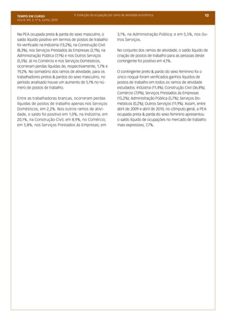 TEMPO EM CURSO                      9. Evolução da ocupação por ramo de atividade econômica                            10
Ano II; Vol. 2; nº 6, Junho, 2010



Na PEA ocupada preta & parda do sexo masculino, o                 3,1%, na Administração Pública; e em 5,5%, nos Ou-
saldo líquido positivo em termos de postos de trabalho            tros Serviços.
foi verificado na Indústria (13,2%), na Construção Civil
(8,3%), nos Serviços Prestados às Empresas (2,1%), na             No conjunto dos ramos de atividade, o saldo líquido de
Administração Pública (7,1%) e nos Outros Serviços                criação de postos de trabalho para as pessoas deste
(5,5%). Já no Comércio e nos Serviços Domésticos,                 contingente foi positivo em 4,1%.
ocorreram perdas líquidas de, respectivamente, 1,7% e
19,2%. No somatório dos ramos de atividade, para os               O contingente preto & pardo do sexo feminino foi o
trabalhadores pretos & pardos do sexo masculino, no               único noqual foram verificados ganhos líquidos de
período analisado houve um aumento de 5,1% no nú-                 postos de trabalho em todos os ramos de atividade
mero de postos de trabalho.                                       estudados: Indústria (11,4%); Construção Civil (36,8%);
                                                                  Comércio (7,9%); Serviços Prestados às Empresas
Entre as trabalhadoras brancas, ocorreram perdas                  (15,2%); Administração Pública (5,7%); Serviços Do-
líquidas de postos de trabalho apenas nos Serviços                mésticos (0,2%); Outros Serviços (11,9%). Assim, entre
Domésticos, em 2,2%. Nos outros ramos de ativi-                   abril de 2009 e abril de 2010, no cômputo geral, a PEA
dade, o saldo foi positivo em 1,0%, na Indústria; em              ocupada preta & parda do sexo feminino apresentou
20,1%, na Construção Civil; em 8,9%, no Comércio;                 o saldo líquido de ocupações no mercado de trabalho
em 5,8%, nos Serviços Prestados às Empresas; em                   mais expressivo, 7,7%.
 