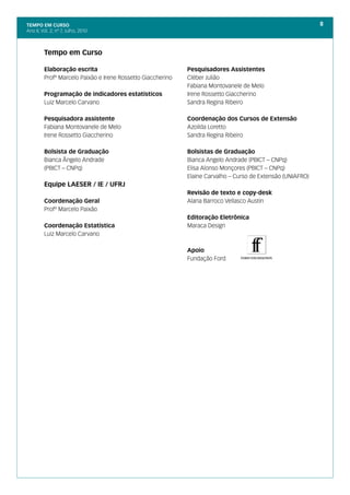 TEMPO EM CURSO                                                                                               8
Ano II; Vol. 2; nº 7, Julho, 2010



         Tempo em Curso

         Elaboração escrita                                  Pesquisadores Assistentes
         Profº Marcelo Paixão e Irene Rossetto Giaccherino   Cléber Julião
                                                             Fabiana Montovanele de Melo
         Programação de indicadores estatísticos             Irene Rossetto Giaccherino
         Luiz Marcelo Carvano                                Sandra Regina Ribeiro

         Pesquisadora assistente                             Coordenação dos Cursos de Extensão
         Fabiana Montovanele de Melo                         Azoilda Loretto
         Irene Rossetto Giaccherino                          Sandra Regina Ribeiro

         Bolsista de Graduação                               Bolsistas de Graduação
         Bianca Ângelo Andrade                               Bianca Angelo Andrade (PBICT – CNPq)
         (PBICT – CNPq)                                      Elisa Alonso Monçores (PBICT – CNPq)
                                                             Elaine Carvalho – Curso de Extensão (UNIAFRO)
         Equipe LAESER / IE / UFRJ
                                                             Revisão de texto e copy-desk
         Coordenação Geral                                   Alana Barroco Vellasco Austin
         Profº Marcelo Paixão
                                                             Editoração Eletrônica
         Coordenação Estatística                             Maraca Design
         Luiz Marcelo Carvano

                                                             Apoio
                                                             Fundação Ford
 