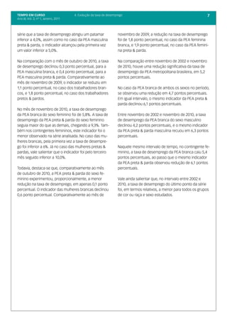 TEMPO EM CURSO                         4. Evolução da taxa de desemprego                                                  7
Ano III; Vol. 3; nº 1, Janeiro, 2011




série que a taxa de desemprego atingiu um patamar                   novembro de 2009, a redução na taxa de desemprego
inferior a 4,0%, assim como no caso da PEA masculina                foi de 1,8 ponto percentual, no caso da PEA feminina
preta & parda, o indicador alcançou pela primeira vez               branca, e 1,9 ponto percentual, no caso da PEA femini-
um valor inferior a 5,0%.                                           na preta & parda.

Na comparação com o mês de outubro de 2010, a taxa                  Na comparação entre novembro de 2002 e novembro
de desemprego declinou 0,3 ponto percentual, para a                 de 2010, houve uma redução significativa da taxa de
PEA masculina branca, e 0,4 ponto percentual, para a                desemprego da PEA metropolitana brasileira, em 5,2
PEA masculina preta & parda. Comparativamente ao                    pontos percentuais.
mês de novembro de 2009, o indicador se reduziu em
1,1 ponto percentual, no caso dos trabalhadores bran-               No caso da PEA branca de ambos os sexos no período,
cos, e 1,8 ponto percentual, no caso dos trabalhadores              se observou uma redução em 4,7 pontos percentuais.
pretos & pardos.                                                    Em igual intervalo, o mesmo indicador da PEA preta &
                                                                    parda declinou 6,1 pontos percentuais.
No mês de novembro de 2010, a taxa de desemprego
da PEA branca do sexo feminino foi de 5,8%. A taxa de               Entre novembro de 2002 e novembro de 2010, a taxa
desemprego da PEA preta & parda do sexo feminino                    de desemprego da PEA branca do sexo masculino
seguia maior do que as demais, chegando a 9,3%. Tam-                declinou 4,2 pontos percentuais, e o mesmo indicador
bém nos contingentes femininos, este indicador foi o                da PEA preta & parda masculina recuou em 6,3 pontos
menor observado na série analisada. No caso das mu-                 percentuais.
lheres brancas, pela primeira vez a taxa de desempre-
go foi inferior a 6%. Já no caso das mulheres pretas &              Naquele mesmo intervalo de tempo, no contingente fe-
pardas, vale salientar que o indicador foi pelo terceiro            minino, a taxa de desemprego da PEA branca caiu 5,4
mês seguido inferior a 10,0%.                                       pontos percentuais, ao passo que o mesmo indicador
                                                                    da PEA preta & parda observou redução de 6,1 pontos
Todavia, destaca-se que, comparativamente ao mês                    percentuais.
de outubro de 2010, a PEA preta & parda do sexo fe-
minino experimentou, proporcionalmente, a menor                     Vale ainda salientar que, no intervalo entre 2002 e
redução na taxa de desemprego, em apenas 0,1 ponto                  2010, a taxa de desemprego do último ponto da série
percentual. O indicador das mulheres brancas declinou               foi, em termos relativos, a menor para todos os grupos
0,6 ponto percentual. Comparativamente ao mês de                    de cor ou raça e sexo estudados.
 