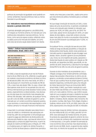 TEMPO EM CURSO                              2. Reflexões gerais sobre os indicadores econômicos durante o governo Lula            3
Ano III; Vol. 3; nº 2, Fevereiro, 2011




políticas de promoção da igualdade racial poderão en-                      mente uma meta para a taxa Selic, usada como princi-
contrar ambientes macroeconômicos mais ou menos                            pal instrumento de política monetária para o combate
favorável à sua efetivação.                                                à inflação.

2.b. Indicadores macroeconômicos selecionados                              No que tange à evolução da taxa de juro Selic, a taxa
durante o período 2002-2010                                                básica de juros da economia, no período considerado
                                                                           houve uma redução pela metade no indicador, que
O período abrangido pelo governo Lula (2003-2010),                         passou de 19,2%, em 2002, para 9,7%, em 2010. Por
em relação ao momento anterior, foi marcado por uma                        outro lado, apesar de ter alcançado em 2010, um valor
melhoria dos indicadores macroeconômicos. Tal me-                          abaixo de dois dígitos, a taxa Selic ainda é uma das
lhoria, como seria de esperar acabou refletindo sobre                      taxas mais altas do mundo e as pressões inflacionárias
os dados acerca do mercado de trabalho, tal como                           do ano de 2010 levaram sua elevação para 11,25%, no
será visto da terceira seção deste boletim em diante.                      início de 2011.

                                                                           De qualquer forma, a redução da taxa de juros Selic
Tabela 1. Índices macroeconômicos                                          média ao longo da década possibilitou a redução da
selecionados, Brasil, 2002 e 2010                                          dívida pública total líquida, dando sinais positivos ao
                                                   2002     2010           mercado quanto à capacidade do país de pagar suas
Taxa Selic Anual Média (em %)                     19,2%      9,7%          dívidas. Assim, durante o governo do ex-presidente
INPC Anual Médio (em %)                           14,7%      6,5%          Lula, iniciou-se uma trajetória de queda, passando a
Câmbio Anual Médio (US$ / R$)                      3,53       1,67         dívida total líquida do setor público em relação ao PIB
Variação anual real do PIB (em %)                  2,7%      7,5%          de 60,4%, em dezembro de 2002, para 40,4%, em de-
Dívida total líquida do setor público
(dez - em % do PIB)
                                                  60,4%     40,4%          zembro de 2010. Desta forma, o decréscimo da relação
Fonte: Ipeadata (www.ipeadata.gov.br). Tabulação LAESER                    dívida/PIB foi de 33% nos oito anos de governo petista.

                                                                           Durante os dois mandatos do ex-presidente Lula, a
Em 2002, a taxa de expansão anual real do Produto                          inflação conseguiu ficar tendencialmente controlada.
Interno Bruto (PIB) foi de 2,7%, refletindo o quadro geral                 Apesar das pressões inflacionárias no último ano de
de modesto crescimento econômico do Brasil no início                       governo, as atitudes conservadoras do Banco Central,
da década de 2000. Oito anos mais tarde, em 2010, o                        mais do que a política fiscal do próprio governo, que foi
país alcançava um crescimento acumulado do PIB de                          bastante expansiva, contribuíram para uma redução
7,5%, a taxa mais alta desde 1986. Ou seja, o Brasil não                   do Índice Nacional de Preços ao Consumidor (INPC)
dava apenas sinais de ter se recuperado da crise eco-                      anual médio. O INPC, que mede a variação do custo
nômica internacional que ainda assolava muitos outros                      de vida médio das famílias com rendimentos mensais
países, especialmente os desenvolvidos, mas alcança-                       entre um e seis salários mínimos, cujo chefe é assala-
va uma das taxas de crescimento mais elevadas das                          riado em sua ocupação principal e residente nas áreas
últimas três décadas. Vale salientar, de qualquer forma,                   urbanas das 11 regiões metropolitanas pesquisadas
que até o ano de 2008, o período do governo Lula foi                       (Belém, Fortaleza, Recife, Salvador, Belo Horizonte, Rio
marcado por um cenário econômico bastante positivo,                        de Janeiro, Curitiba, São Paulo, Porto Alegre, Brasília e
o que acarretou o crescimento das exportações e uma                        Goiânia), reduziu-se de 14,7%, em 2002, para 6,5%, em
relativa calmaria no mercado financeiro internacional.                     2010, expressando uma redução de 56% no indicador.

A taxa Selic é o principal indicador para determinar o                     No que tange à taxa de câmbio nominal, esta passou
custo do crédito e o rendimento das aplicações em                          de uma média de R$ 3,53, em 2002, para R$ 1,67 em
renda fixa, além de corresponder à remuneração que                         2010. Esta valorização da moeda nacional, em parte,
o governo paga aos detentores da dívida pública de                         foi produto da capacidade do governo anterior de recu-
natureza pós-fixada (ou seja, cuja taxa de retorno só é                    perar os níveis de confiança dos investidores nacionais
sabida após a compra do papel financeiro). A partir da                     e internacionais, e, em parte, também foi derivada da
adoção do Sistema de Metas para a Inflação, em 1999,                       crise econômica das economias mais desenvolvidas a
e a mudança para um regime de câmbio flutuante, o                          partir do ano de 2008. Assim, os governos das nações
Banco Central do Brasil passou a determinar periodica-                     mais ricas, no intento de recuperar seu nível de ativi-
 