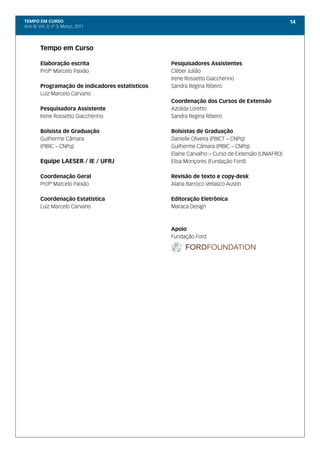TEMPO EM CURSO                                                                                     14
Ano III; Vol. 3; nº 3, Março, 2011




         Tempo em Curso

         Elaboração escrita                        Pesquisadores Assistentes
         Profº Marcelo Paixão                      Cléber Julião
                                                   Irene Rossetto Giaccherino
         Programação de indicadores estatísticos   Sandra Regina Ribeiro
         Luiz Marcelo Carvano
                                                   Coordenação dos Cursos de Extensão
         Pesquisadora Assistente                   Azoilda Loretto
         Irene Rossetto Giaccherino                Sandra Regina Ribeiro

         Bolsista de Graduação                     Bolsistas de Graduação
         Guilherme Câmara                          Danielle Oliveira (PBICT – CNPq)
         (PIBIC – CNPq)                            Guilherme Câmara (PIBIC – CNPq)
                                                   Elaine Carvalho – Curso de Extensão (UNIAFRO)
         Equipe LAESER / IE / UFRJ                 Elisa Monçores (Fundação Ford)

         Coordenação Geral                         Revisão de texto e copy-desk
         Profº Marcelo Paixão                      Alana Barroco Vellasco Austin

         Coordenação Estatística                   Editoração Eletrônica
         Luiz Marcelo Carvano                      Maraca Design



                                                   Apoio
                                                   Fundação Ford
 